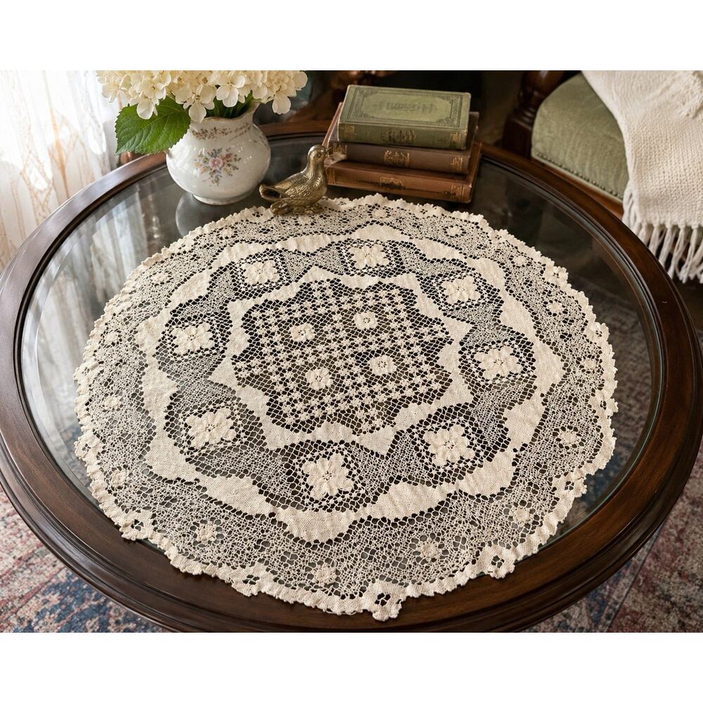 Vintage Handmade Lace Tablecloth Round Cream Crochet Doily Floral 26”